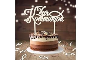 LUCKEEY Cake Topper Kommunion, 1 Stück Zur Kommunion Tortendeko Taufe Holz & 48 Stück Holz Fische Tischdeko Konfirmation, Erstkommunion Torte Deko Junge Mädchen