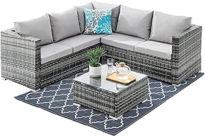 Esterno Living ECASA 5 Seater Rattan Corner Sofa Set Garden Furniture Modular With Light Grey Cushions & Coffee Table Compact Wicker Weatherproof Garden Set Seat. FREE RAIN COVER
