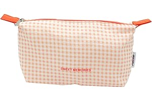 PONETTE - Neceser de Mujer Grande de Tejido de Cuadros Vichy Naranja y Blanco con Texto Sweet Memories y Cremallera a Tono, Ideal Playa, Piscina, Viaje, Impermeable, Marca Española
