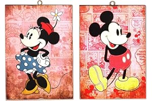 KUSTOM ART Lot de 2 tableaux de style vintage série personnages Disney Mickey Mouse et Mickey Mouse Minnie Mouse de collection Impression sur bois 10 x 15 cm