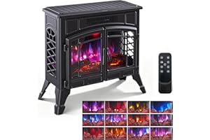 INMOZATA Free Standing Electric Fire Stove with Remote Control, 12 Colors LED Log Flame Effect, 3 Heater Modes 900W/1800W/ECO, Adjustable Thermostat, Dimmer, Overheat Protection, Child-Lock Protection
