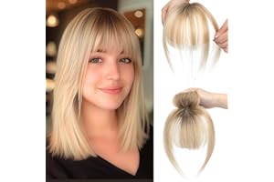 Lasunork Fringe Clip in Hair Clip in Fringe Clip in Hair Extensions Real Human Hair 100% Human Hair Extensions Clip in Fringe 360°Cover Bangs For Daily Wear (Medium Brown to Blonde, 10 Inch)