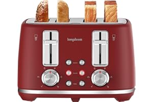 LONGDEEM Toaster 4 Slice, Extra Wide Slots Stainless Steel with High Lift Lever, Dual Independent Controls, Removable Crumb Tray, Easy to Clean, 6 Shade Settings, Reheat & Frozen, Red