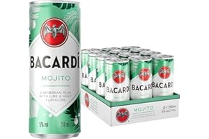 Bacardi Mojito, 5% ABV, 12 x 25cl / 250ml, Ready-To-Drink Pre-Mixed Cocktail Can, Made with BACARDÍ Carta Blanca Rum and Mixed with Lime and Mint