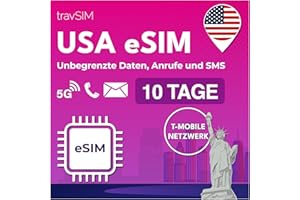 travSIM USA eSIM | T-Mobile Netz | Unbegrenzte Daten, Anrufe & Texte in den USA | e SIM Amerika funktioniert auf eSIM kompatiblen iOS & Android Geräten | e SIM Karte USA 10 Tage