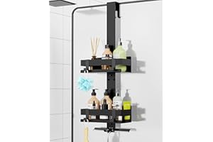 Cooeco Black Shower Shelf no Drilling - Stainless Steel Over Door Shower Caddy, Shower Soap Holders for Bathroom Showers with 4 Hooks for Glass Door Up to 35mm