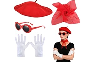 GWAWG 4-teiliges französisches Damen-Set, rot, Barett, Schal, Sonnenbrille, Handschuhe, Fancy Dress Kostüm, Zubehör, französische Künstler, für Mädchen, Cosplay, Party
