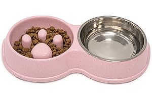 Fur & Bone Double Slow Feeder Dog Bowl | Raised Dog Bowl with Non-Slip Bottom | Stainless Steel Bowl | Detachable Raised Cat Bowl (Pink)