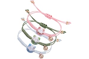 Yolev 3 Pièces Bracelet Chat Maneki Neko Kawaii Porte Bonheur Femme Mignon en Céramique Corde avec Perles et Cloche Réglable - Style Japonais