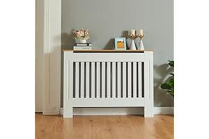 Panana Radiator Cover Cabinet, Modern Painted MDF with Slatted Grill Design (White with wood top, M)