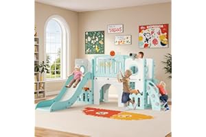 ‎MAMIZO MAMIZO 9 in 1 Kinderrutsche, Kinder Rutsche mit Klettergerüst, Indoor & Outdoor Rutsche mit Basketballkorb und Teleskop, Tunnel, Stauraum, Gartenrutsche,Kinder Spielplatz, mit 2PCS Moduls, Grün Weiß