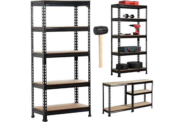 STAR WORK Black Adjustable Set of 5-Shelf Metal Storage Shelving Unit, Steel Bootless Rivet Utility Display Rack Garage Shelves, 63 Inches Height(63 X 24 X 12 Inch-H X W X D,Black)