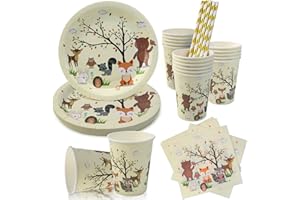 VZXZXE 64 Stück waldtiere Partygeschirr Set, waldtiere geburtstag deko, dschungel party Kindergeburtstag Besteck Enthält Teller, Servietten, Tassen, Strohhalme(für 16 Gäste)