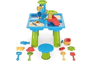 Cherubfunz Tavolo Sabbia Acqua per Bambini, 4-in-1 Giochi d'Acqua Tavolo con Moldi da Spiaggia e Sedie, Water Table Giocattolo da Esterno con Fontane d'Acqua, Regalo per Bambini Piccoli di 3-6+ Anni