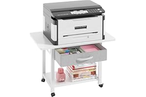 OYRREU Mobile Porta Stampante a 2 Livelli con Cassetto in Tessuto, 56x38cm Supporto per Stampante Mobiletto con Ruote, Scaffale da Scrivania per Ufficio Domestico, Adatto a Fax/3D/Scanner, Bianco