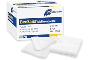 Gauze Swabs with Selvedge Cutting Edges, Non-Sterile Cotton, Pack of 100 (8ply) (5cmx5cm) - Meditrade,White,5 x 5cm
