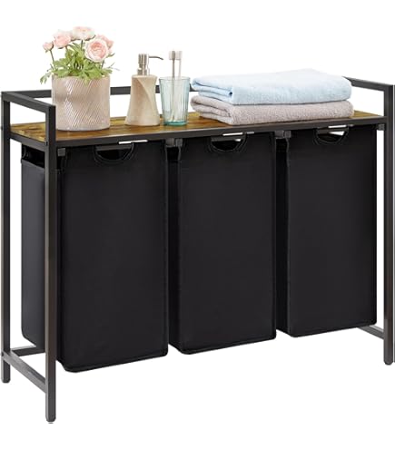 Cesto Portabiancheria SONGMICS In Bambù - 3 Scomparti, Piano Portaoggetti, Tasche Laterali - Bianco Crema - Foto 8