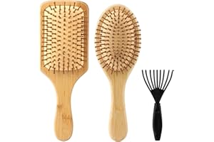 EULERYOO Zestaw 2 bambusowych szczotek do włosów ze szczoteczką do czyszczenia, szczotka z naturalnego włosia wykonana z bambusa, szczotka bambusowa optymalna pielęgnacja włosów dla mężczyzn, kobiet i dzieci
