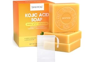 SHVYOG Kojisäure-Seife, Kurkuma Seifenstück, Vitamin C Seifenstück, Entfernen dunkler Flecken, sanfte Seife für Akne, Mitesser, Tiefenreinigung für Gesicht und Körper mit einem Schaumnetz (3 Stück)