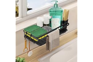UMILKI Colgado Organizador de Fregadero, Sin Taladros Soporte Estropajo Fregadero con Bandeja de Desagüe Extraíble, Toallero y Ganchos, Organizador Cocina Fregadero para Almacenamiento de Cocina y Baño