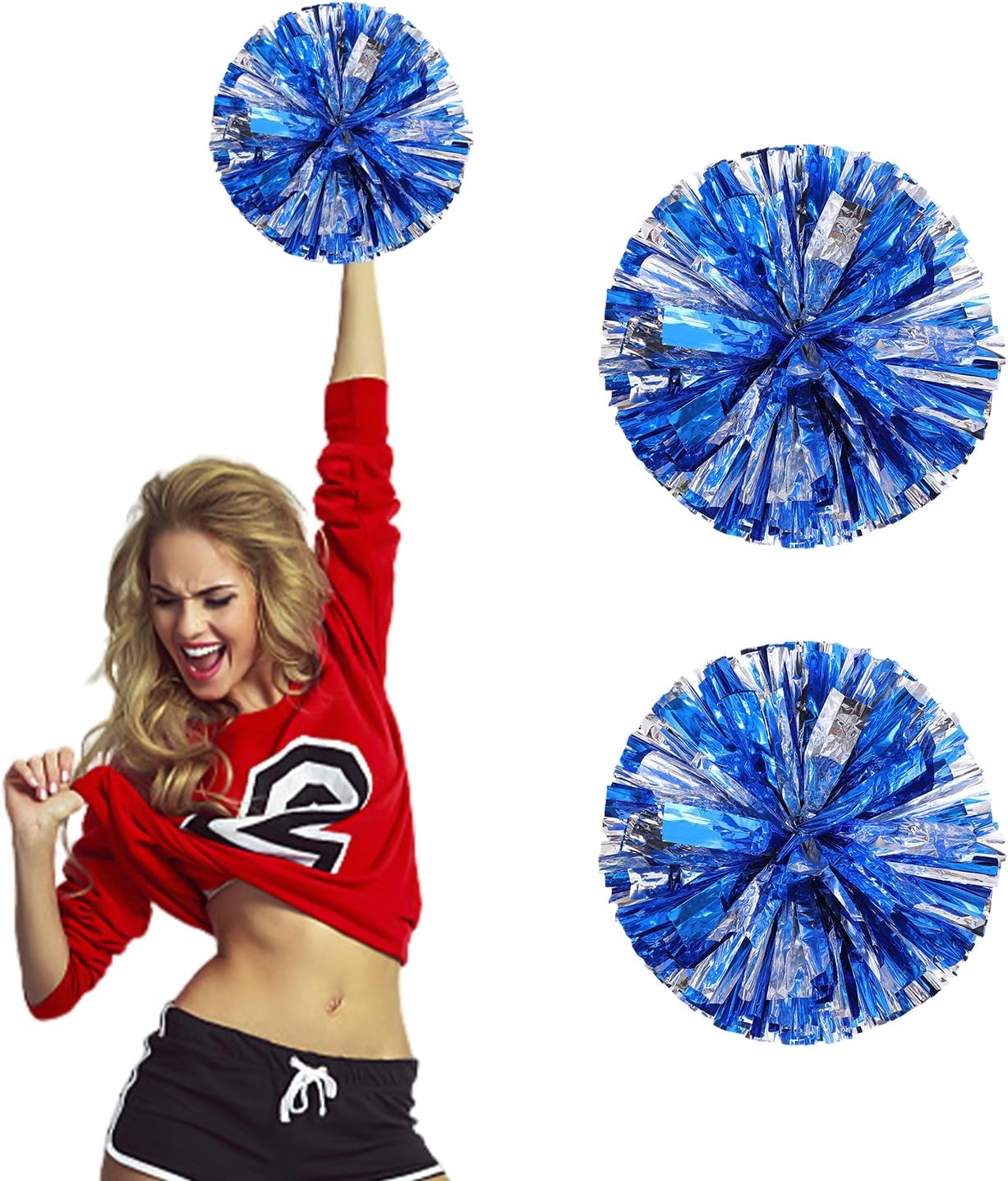 NYGGTYK 2 pompones de animadora, pompones de metal azul brillante, pompones azules y plateados, pompones de animadora, adecuados para eventos deportivos y competiciones