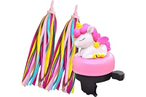 INTEDESIGN 1PCS Pink Unicorn Kids Bike Bell with 2PCS Kids Bike Streamers for Children's Bike scooter Accessories,Kids Bike scooter Bell and 10" Kid's Rainbow Bike Tassel Ribbons for girls