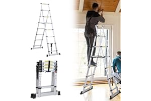 ‎FIQOPS Fiqops 2m+2,3m Teleskopleiter aus Aluminium, 6+7 Stufen Klappleiter A-Rahmen Mehrzweckleiter Stehleiter, Ausziehleiter Trittleiter Leiter für Dachreparaturen