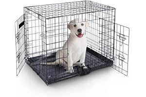 Furdreams 30-Inch Dog Cage Crate – Heavy Duty Black Metal Folding Crate with 2 Doors (Front & Side), Chew-Resistant Plastic Base Tray, and Carrier Handle – Ideal for Puppy Training (76 x 46 x 53cm)