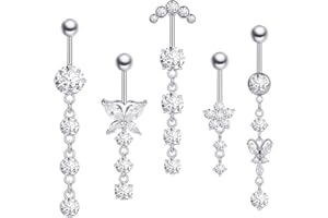LHOEST 5 Stück Bauchnabelpiercing Set aus Chirurgenstahl Silber, Belly Piercing Bauchnabel Banane Edelstahl 12mm 10mm Stablänge mit Schmetterling, Blume & Rund Hängend Bauchpiercing