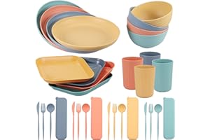 FUNYKICH Geschirrsets, 32pcs Camping Geschirr Set für 4 Personen, Leicht & Unzerbrechlich & Wiederverwendbar, mit Schüssel, Teller, Esslöffel, Essgabel, Essmesser, Becher für Geschenk Picknick Camping