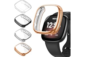 Kamita [4 sztuki] Etui kompatybilne z Fitbit Versa 4/Sense 2, zderzak TPU z osłoną ekranu, ultracienkie etui ochronne z pełnym pokryciem do Versa4 (przezroczyste, czarne, srebrne, różowe