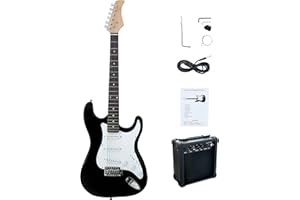 CB SKY ST Full-Size 39" Adult size Electric Guitar Black with 5W Amplifier (powered by 9V battery or adaptor - not included), Extra Strings, Cable and Guitar Pick