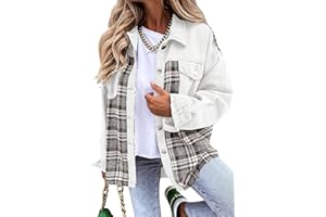 PLACITIUME Women's Button Down Denim Jackets for Women Fashion Long Sleeve Plaid Shacket Jacket