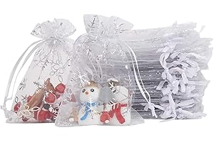 LOKIPA 50pcs Christmas Organza Gift Bags, 9 cm * 12 cm Small Christmas Organza Drawstring Pouches Wedding Jewelry Bags