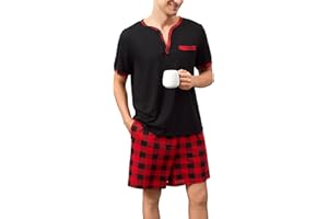 Yukiuiny Pijamas Hombre Verano Algodón Botones Cuadros Camiseta Pantalón Corto Elástico Set y Ropa de Dormir Manga Corta Entretiempo Tops Cómodo