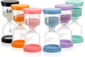 Bekith 6Pcs Sand Clock, Hourglass Sand Timer Colorful Kids Sandglass Kitchen Timer Hourglass Timer for Games Classroom Home Office Cooking Includes 1 Minute, 3, 5, 10, 15 and 30 Minutes