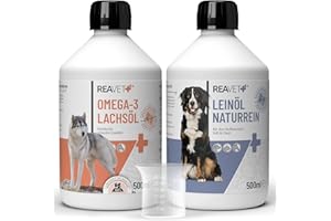 ReaVET Barf-Oil Set 2 avec 500 ML d'huile de Lin et d'huile de Saumon pour Chiens et Chats - Produit Naturel, sans additifs, 100% Pur, additif Barf, Huile de Barf acides Gras oméga 3 et 6