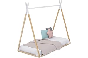DISEÑOS Y FABRICADOS EN MADERA Cama Infantil Tipi con Somier, en Madera Natural y Blanco, Forma Casita Indio Montessori, 90x190