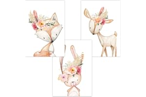 Olgs Babyzimmer Poster Boho 3er Set, Kinderzimmer Deko Bilder DIN A4, Wandbilder Tiere, Waldtiere Blumen Feder Fuchs Hase Reh - Wandposter Mädchen Junge