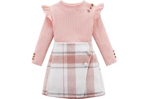 Naiyafly Toddler Girl Outfits Baby Ruffle Ribbed Long Sleeve Ruffle T-Shirt Top Plaid Skirt Fashion Set 3Pcs Kids Girl Fall Winter Clothes 2t 3t 4t 5t 6t