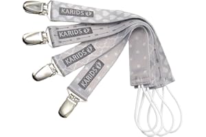 KARIDS Attache-Tétines avec Pince Clip en Acier Inoxydable (Lot de 4) - Pour bébé fille ou garçon - Ruban en coton et polyester - Coloris gris avec décor mixte – 23 cm -Anneau de Dentition