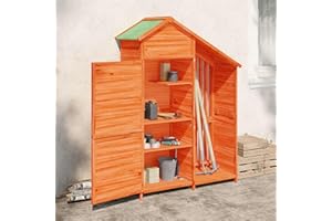 Homgoday Geräteschuppen Gartenschrank Geräteschrank Gerätehaus Gartenhaus Holzschuppen Werkzeugschrank mit Tür und Satteldach Braun 120x53,5x170 cm Massivholz Kiefer