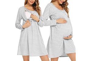 Uniexcosm Camicie da Notte Parto, Camicia da Notte Allattamento Cotone Camicia Premaman Ospedale Manica Lunga Camicia Parto Gravidanza a Righe Elegante per Casa
