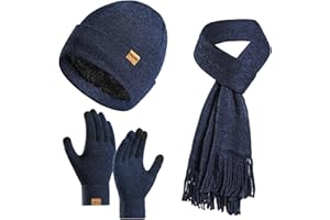 Enwokran Invierno Sombrero Bufanda Guantes Hombres Set 3 en 1,Beanie Bufanda Larga Lana Gorros Pantalla Táctil Mitones para Hombre Mujer Deportes al Aire Libre