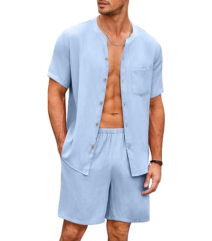Pigiama Uomo Aperto Davanti Maniche Corte - Pigiama Uomo Estivo Corto Abbigliamento Da Notte Con Tasche Pigiami Due Pezzi Estivo Classic Con Bottoni Davanti Pantaloncini In Vita Elasticizzata
