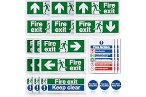 DETAILING GARAGE 21pcs Premium Fire Exit Sign Kit (Right, Left, Up, Down Arrow) - Fire Action Notice Sign, Keep Clear, Door Keep Shut, Self Adhesive Vinyl Sticker EN ISO 7010 Compliant