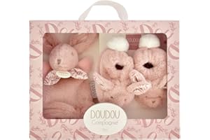 DOUDOU ET COMPAGNIE - Coffret Naissance Lapin Doudou rose avec Chaussons Bébé Coordonnés – Peluche Doudou Douce dès la Naissance – Boîte Cadeau pour Offrir – Idée Cadeau Mixte - DC4259