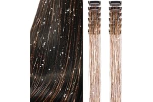 PORSMEER 12 Pcs 20 Inch Hair Tinsel Pack of Clip in Hair Tinsel Colorful Glitter Tinsel Hair Extensions Tinsel Fairy Party Dazzle Accessories Strands Kit for Women Girls Kids (Champagne)