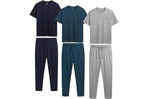 The Essentials Wardrobe Mens Short Sleeve Pyjama Set 3 Pack 100% Cotton Jersey Loungewear Soft Comfortable Multipack PJs Set with Side Pockets Adjustable Draw Cord Label Free Sleepwear S-2XL