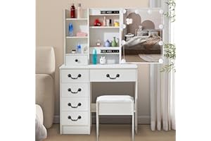 Dradaomull Toeletta da Trucco con Specchio e Luci, Luminosità Regolabile, Tavolo Trucco con Sgabello, Design Moderno con 6 Cassetti e 6 Ripiani, Bianco 80x36x131cm 5A38
